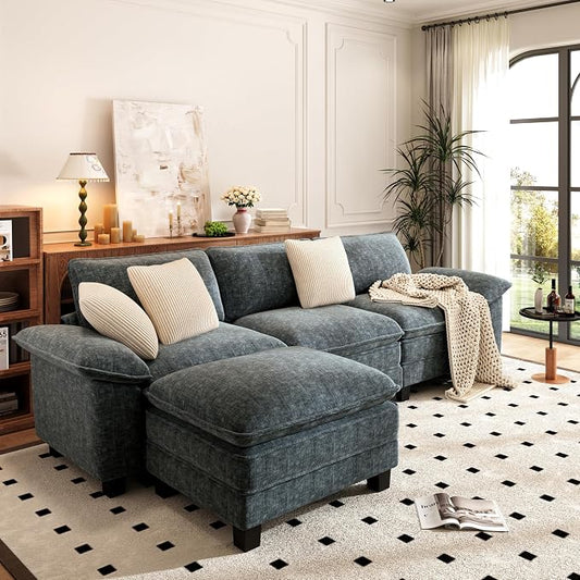 PHI VILLA Cloud Modular Couch Sets, 123.6" Sectional Sofa with L-Shaped Chaise, 4-Seater Upholstered Couches with Movable Ottoman for Living Room, Chenille Fabric, Dark Cyan