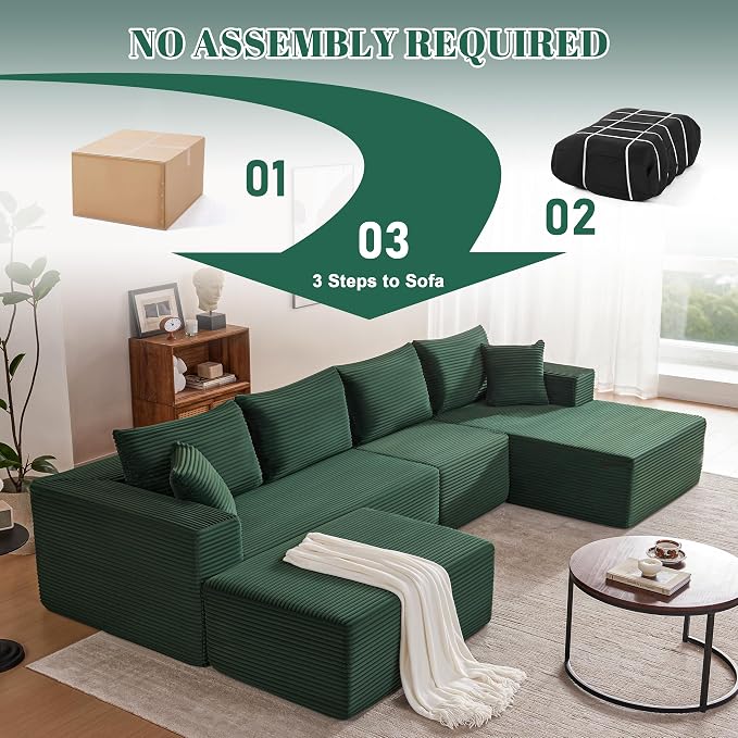 Mangodan 140” Cloud Sectional Couch, Boneless Sofa for Living Room, Modular Sectional Sofa with Deep Seat, Comfy Fluffy U-Shaped Couch with Right-Facing Chaise, No Assembly Required, Green