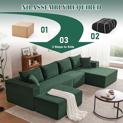 Mangodan 140” Cloud Sectional Couch, Boneless Sofa for Living Room, Modular Sectional Sofa with Deep Seat, Comfy Fluffy U-Shaped Couch with Right-Facing Chaise, No Assembly Required, Green