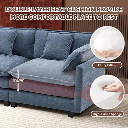 Ihanherry 146" U-Shaped Modern Sofa Modular Sectional Cloud Couch with 2 Ottoman, 6-Seat Chenille Deep Seat Sofa with 6 Pillows for Living Room, Bedroom and Apartment, Blue