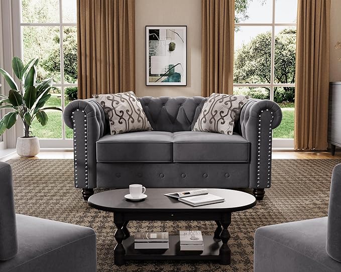 Morden Fort 3 Piece Classic Chesterfield 6-Seater Set, Tufted Chair & Loveseat & Sofa Solid Wood Legs Thick Cushion, Pet-Friendly Couch Set Furniture for Living Room Bedroom Apartment, Velvet Grey