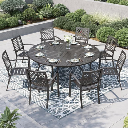 PHI VILLA 9 Piece Outdoor Dining Set for 8, 67" Metal Round Table with Umbrella Hole & Stackable Wrought Iron Chairs, All Weather Large Furniture Set for Patio, Deck, Backyard, Porch - Black