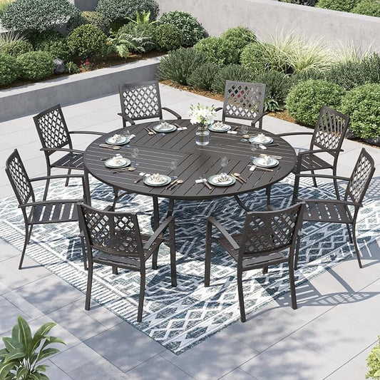 PHI VILLA 9 Piece Outdoor Dining Set for 8, 67" Metal Round Table with Umbrella Hole & Stackable Wrought Iron Chairs, All Weather Large Furniture Set for Patio, Deck, Backyard, Porch - Black