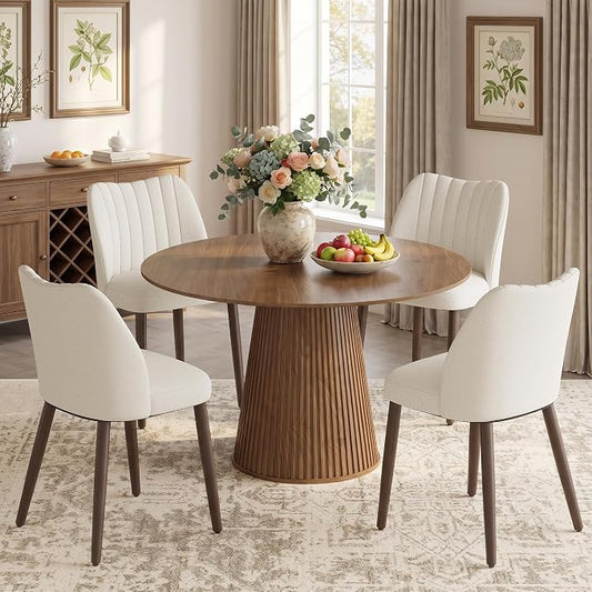 Upholstered Dining Chairs Set of 4, Modern Fabric Dining Chairs with Curved Backrest & Solid Rubber Wood Legs, Padded Kitchen Dining Room Chairs for Restaurant Cafe, Beige