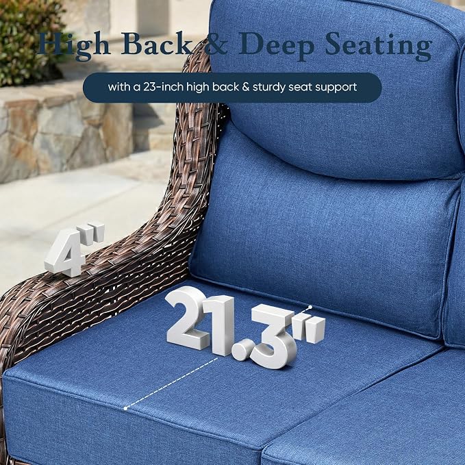 Belord Luxury 6" Thick Cushioned PE Wicker 3-Seater Outdoor Couch, All-Weather Comfortable Modern Patio Sofa, High Back Deep Seat Woven Outdoor Furniture for Porch Balcony, Lawn, Deck - BrownBlue