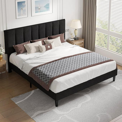 VECELO King Size Bed Frame with Upholstered Headboard, Heavy-Duty Bedframe with Strong Wooden Slats Support, No Boxing Spring Needed, Velvet & Black