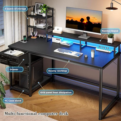 EnHomee 55 Inch Gaming Desk with Hutch and Drawers,Reversible Computer Desk with Monitor Shelf,Home Office Desks with USB Power Outlets and Storage,Pc Work Desk for Office with LED Lights,Black