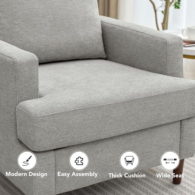 Weture Mid-Century Accent Chair,Modern Linen Fabric Armchair for Living Room,Comfy Upholstered Reading Accent Chairs for Bedroom,Single Sofa Chair with Wood Legs (Light Grey, 1 Pack)