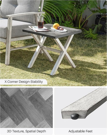 Never-Rust Aluminum Outdoor Side Table, Anti-Rust Outside Patio Side Table with Resin Tabletop, Modern Weather-Resistant Square Patio End Table for Yard, Garden, Poolside, White Oak