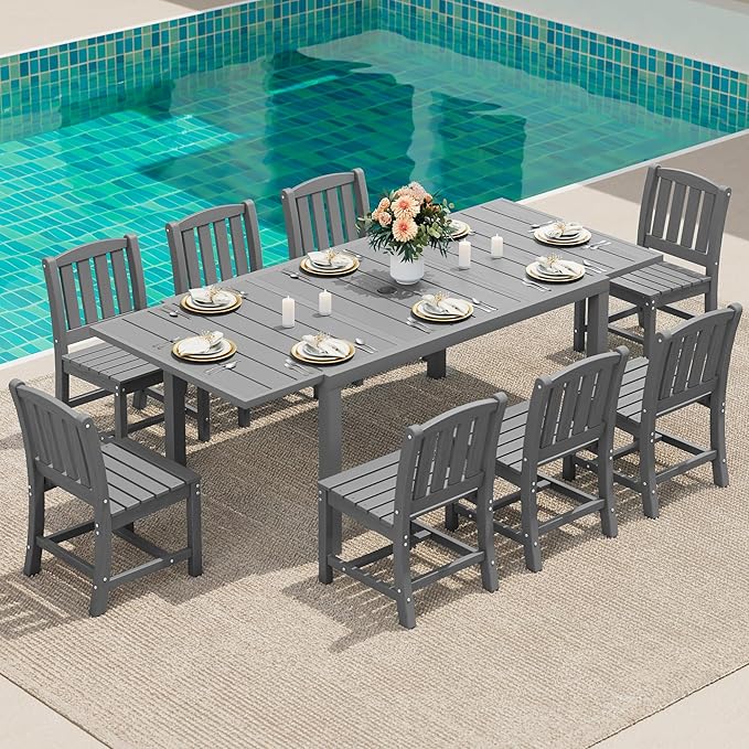 SERWALL Outdoor Patio Dining Set for 8, Grey | 60" - 83" Expandable Outdoor Dining Table and 8 HDPE Chairs, All Weather Material Outdoor Furniture Set Backyard, Garden