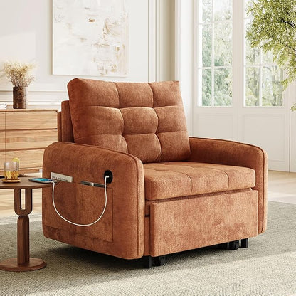 ERYE Modern Foldable Chair Sofa Convertible Pull Out Sleeper Sofabed,Single Seat Tufted Upholstered Sofa Convertible Chaise Lounge Bed with USB-Ports and Side Pockets