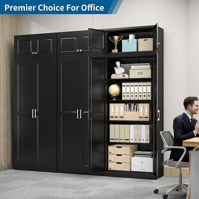 86" Tall Black Metal Storage Cabinet with Doors and 4 Adjustable Shelves, Heavy Duty Steel Pantry Cabinet for Garage, Kitchen, Extra Large Industrial Cupboard (2 Packages)