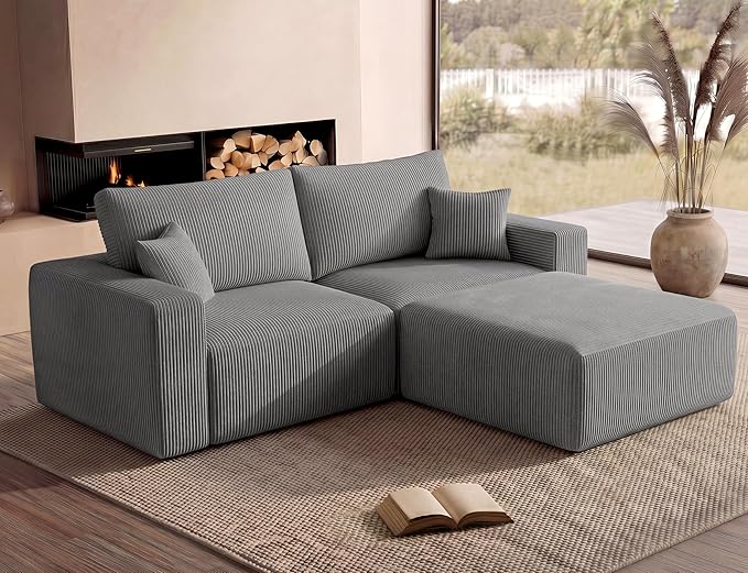 Modular Sectional Sofa with Ottoman, L-Shaped Cloud Couch, 79" Memory Foam Boneless Loveseat with Chaise, No Assembly Required Corduroy Frameless Sofa for Small Living Room Apartment Home Decor, Grey