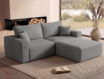 Modular Sectional Sofa with Ottoman, L-Shaped Cloud Couch, 79" Memory Foam Boneless Loveseat with Chaise, No Assembly Required Corduroy Frameless Sofa for Small Living Room Apartment Home Decor, Grey