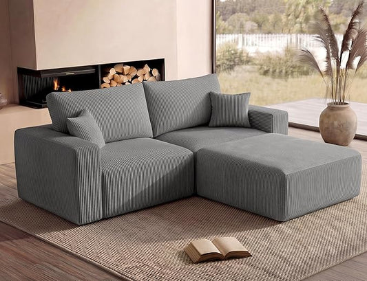 Modular Sectional Sofa with Ottoman, L-Shaped Cloud Couch, 79" Memory Foam Boneless Loveseat with Chaise, No Assembly Required Corduroy Frameless Sofa for Small Living Room Apartment Home Decor, Grey