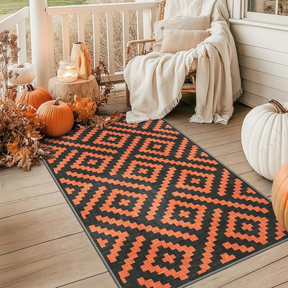 GENIMO Outdoor Rug for Patio Clearance, 3'x5' Indoor Area Rug, Waterproof Reversible Fall Doormat, Outside Camping Carpet for Porch, Living Room, Balcony, Deck, Bedroom, Picnic, Black Orange