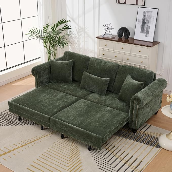 KEIKI King Size Pull Out Sofa Bed 3 in 1 Classic Modern Convertible Sleeper Chenille Upholstery Nailhead, Rolled Arm Sturdy Metal Frame 600 lbs for Living Room Apartment Office Small Spaces, Green