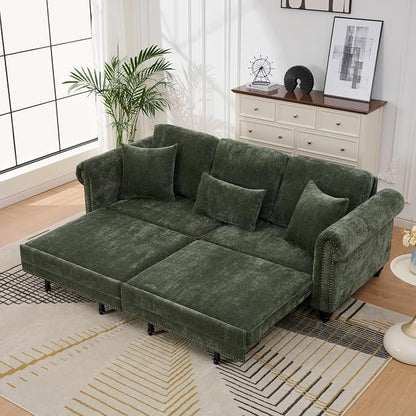 KEIKI King Size Pull Out Sofa Bed 3 in 1 Classic Modern Convertible Sleeper Chenille Upholstery Nailhead, Rolled Arm Sturdy Metal Frame 600 lbs for Living Room Apartment Office Small Spaces, Green