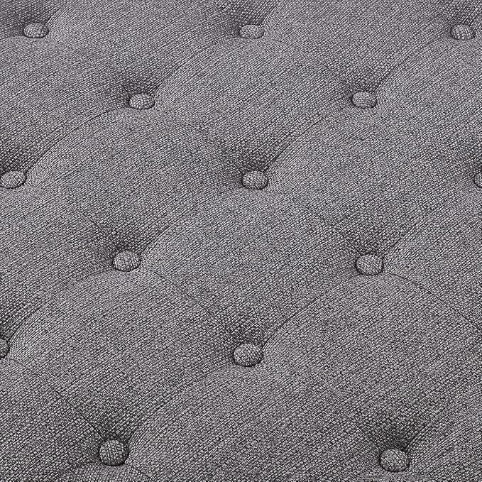 24KF Large Round Upholstered Tufted Linen Ottoman Coffee Table, Large Footrest Ottoman with Wood Shelf Storage-Granite