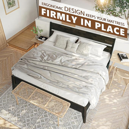 Acacia Emery Bed Frame with Headboard Solid Wood Platform Bed, King Size Bed Frame, Mid - Century Modern Wood Bed Compatible with All Mattresses, Easy Assembly, Non-Slip (Mocha, King)