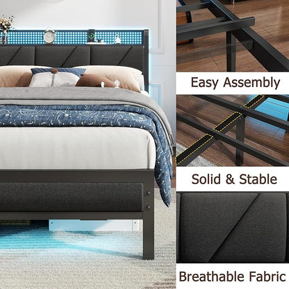 Furnulem Full Size Bed Frame with Headboard and Storage Shelf, LED Light and Charging Station, Metal Platform Bed with Heavy Duty Slats, No Box Spring Needed, Noise Free & Easy Assembly