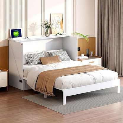 Ball & Cast Full Size Murphy Bed Hideaway Wall Chest with Large Drawers,can be Folded,Storage Space-Saving Furniture Hideaway Platform Bedframe W/USB Charging Port,for Bedroom,Gray