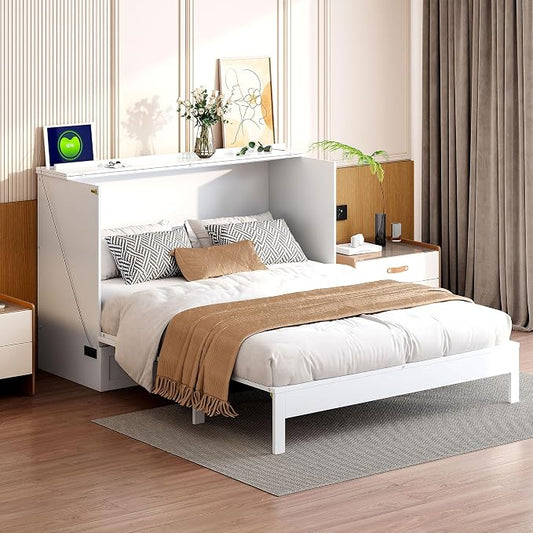 Ball & Cast Full Size Murphy Bed Hideaway Wall Chest with Large Drawers,can be Folded,Storage Space-Saving Furniture Hideaway Platform Bedframe W/USB Charging Port,for Bedroom,Gray