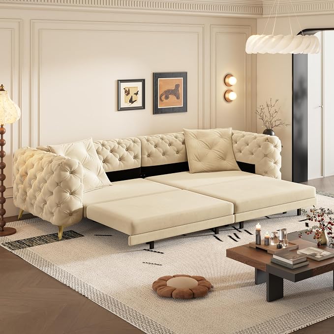 97.7" Convertible Queen Sleeper Sofa with Ottoman - Button Tufted Pull Out Sofa Bed, Velvet King Size Couch Bed & Vintage Deep Seat 4-Seater Couch for Small Spaces, Apartment & Living Room, Apricot | Button Tufted