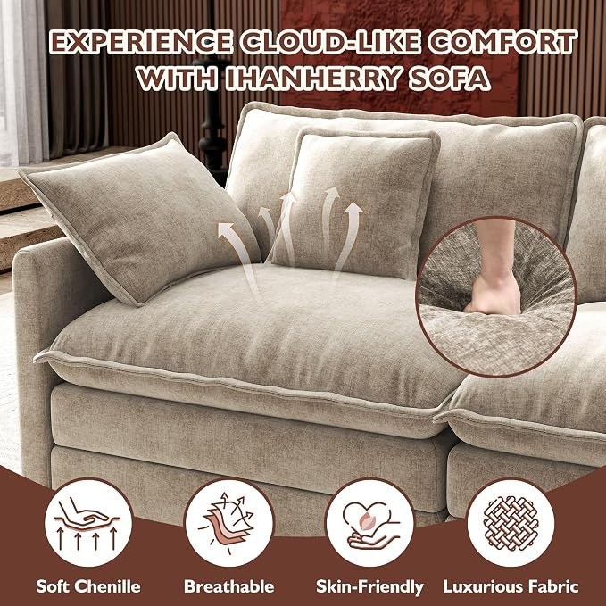 Ihanherry 114" V-Shaped Modern Sofa Modular Sectional Luxurious and Comfortable with Corner Section, 5-Seat Chenille Deep Seat Sofa with 5 Pillows for Living Room, Bedroom and Apartment, Sand