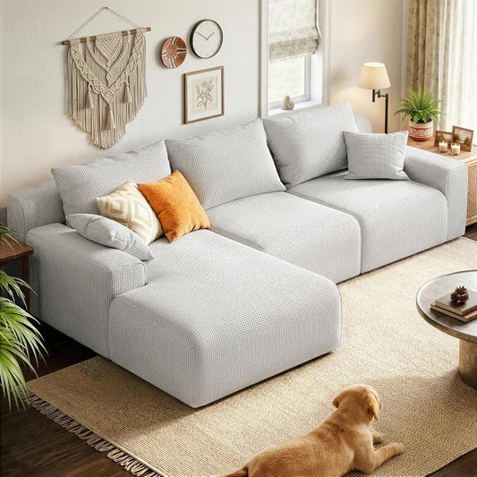 Homkdom 98" Boneless Modular Sectional Sofa, Cloud Couch with 27" Deep Seat & Oversized Chaise, L-Shaped High-Density Foam Sofa for Living Room, No Assembly Required (Grey-Check, Left Facing)