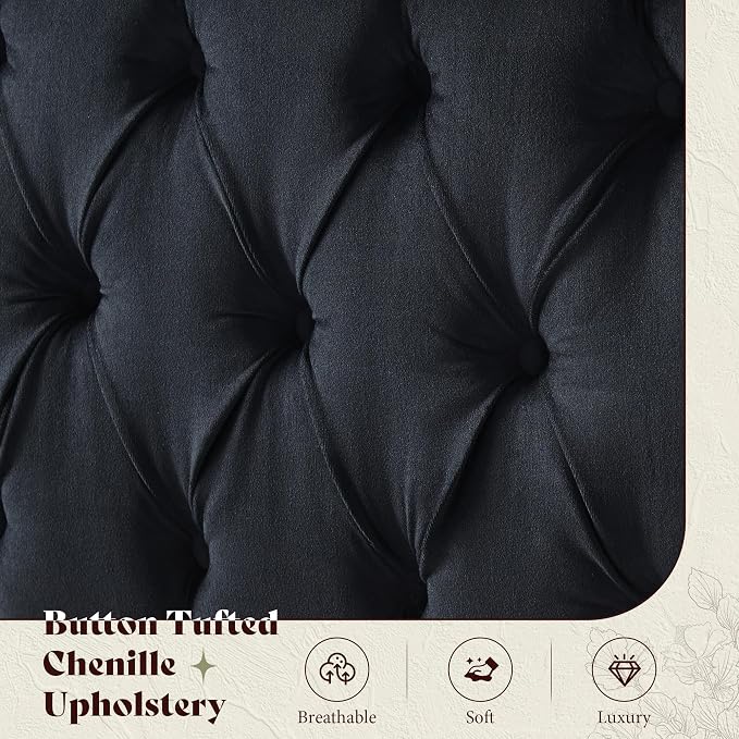 AMERLIFE Upholstered Queen Bed Frame, 53" Tall Sleigh Bed with Button Tufted Chenille Headboard and Footboard, Platform Bed with Carved Solid Wood Legs, No Box Spring Needed, Black