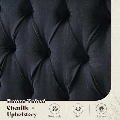 AMERLIFE Upholstered Queen Bed Frame, 53" Tall Sleigh Bed with Button Tufted Chenille Headboard and Footboard, Platform Bed with Carved Solid Wood Legs, No Box Spring Needed, Black