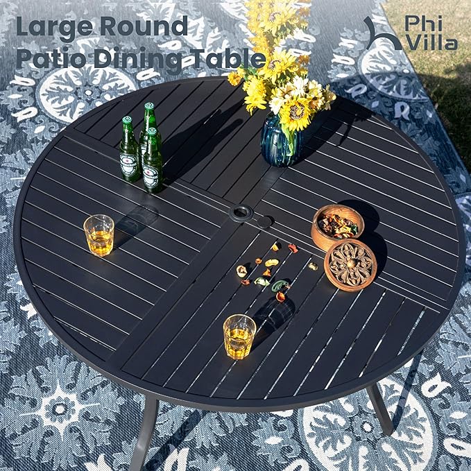 PHI VILLA 7 Pieces Outdoor Round Dining Set for 6, Wrought Iron Dining Table with Umbrella Hole & Stackable Metal Steel Chairs, Large Dining Furniture Set for Patio, Deck, Yard, Porch
