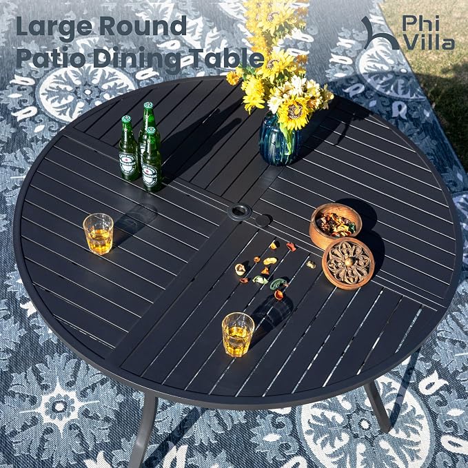 PHI VILLA 7 Piece Outdoor Patio Dining Set with 6 Swivel Dining Chairs & 1 Large Round Dining Table, Gray Textilene Mesh Fabric Chair and 54" Metal Table for All Weather