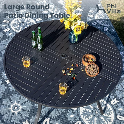 PHI VILLA 7 Pieces Outdoor Round Dining Set for 6, Wrought Iron Dining Circular Table with Umbrella Hole & Stackable Metal Steel Chairs, Large Dining Furniture Set for Patio, Deck, Yard, Porch