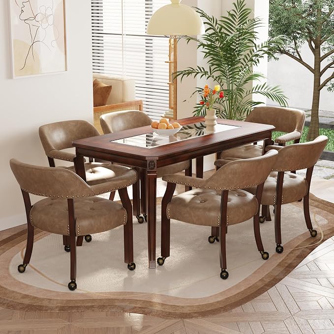 LEEMTORIG Set of 6 Large Dining Chairs with Casters and Arms, Rolling Dining Chairs with Wheels, Accent Game Poker Table Chairs, 26“Dx25.2 Wx31.5“H, Cherry Legs & Yellowish Brown PU SY-1533-PMB06