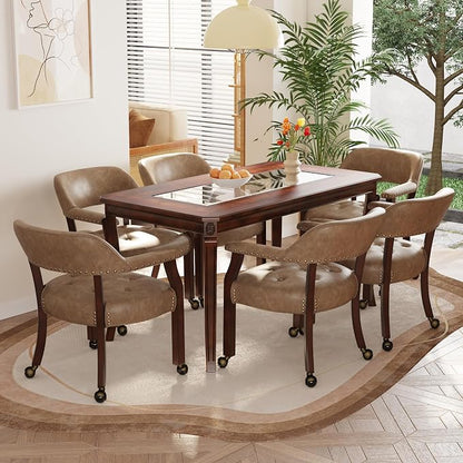 LEEMTORIG Set of 6 Large Dining Chairs with Casters and Arms, Rolling Dining Chairs with Wheels, Accent Game Poker Table Chairs, 26“Dx25.2 Wx31.5“H, Cherry Legs & Yellowish Brown PU SY-1533-PMB06