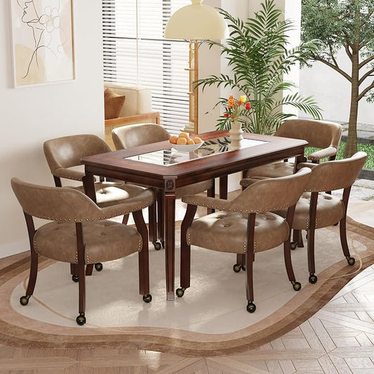 LEEMTORIG Set of 6 Large Dining Chairs with Casters and Arms, Rolling Dining Chairs with Wheels, Accent Game Poker Table Chairs, 26“Dx25.2 Wx31.5“H, Cherry Legs & Yellowish Brown PU SY-1533-PMB06