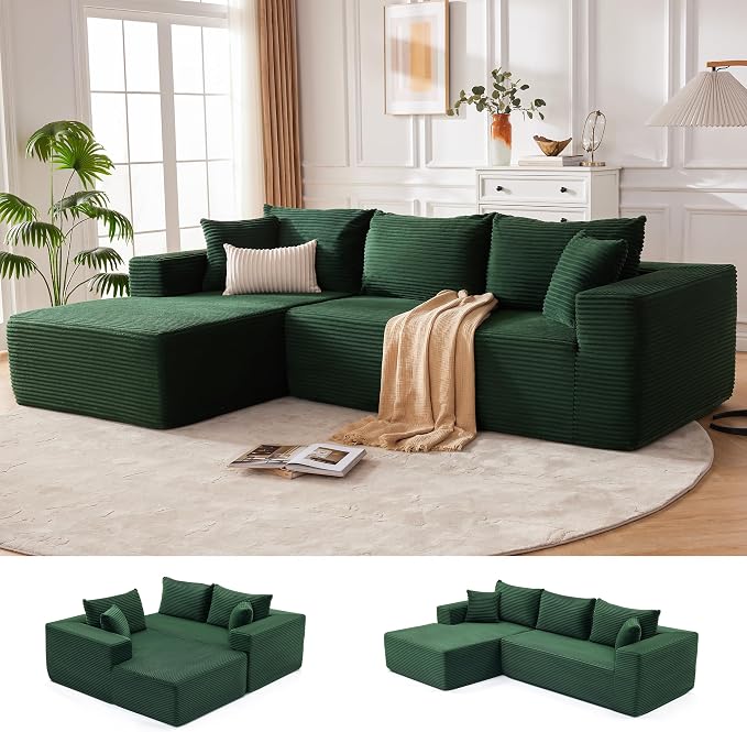 Mangodan 110” Cloud Sectional Couch, Modular Sectional Sofa for Living Room, Boneless Sofa with Deep Seat, Comfy Fluffy Couch with L-Shaped Chaise, No Assembly Required (Left-Facing Chaise, Green)