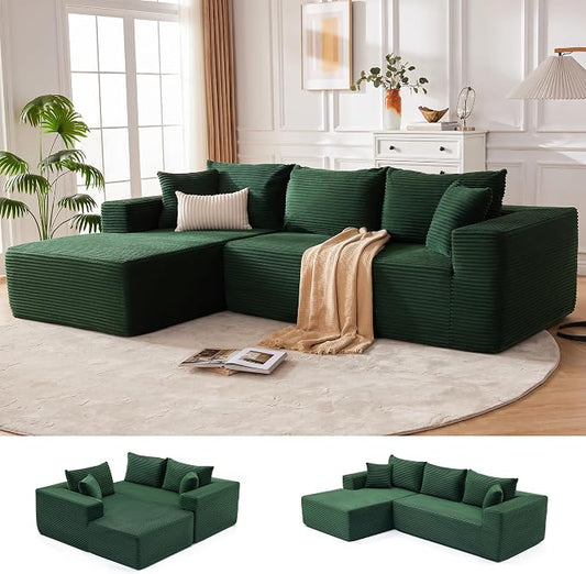 Mangodan 110” Cloud Sectional Couch, Modular Sectional Sofa for Living Room, Boneless Sofa with Deep Seat, Comfy Fluffy Couch with L-Shaped Chaise, No Assembly Required (Left-Facing Chaise, Green)