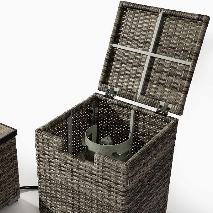 GDFStudio 32" Propane Fire Pit Table with Tank Holder, 50000 BTU Outdoor Gas Fire Table with Ceramic Top & Wicker Base, Steel Firepit with Lid & Cover for Patio Garden Backyard, 2-Piece Set, Beige