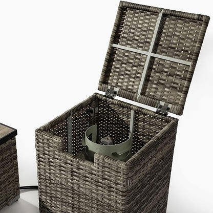 GDFStudio 32" Propane Fire Pit Table with Tank Holder, 50000 BTU Outdoor Gas Fire Table with Ceramic Top & Wicker Base, Steel Firepit with Lid & Cover for Patio Garden Backyard, 2-Piece Set, Beige