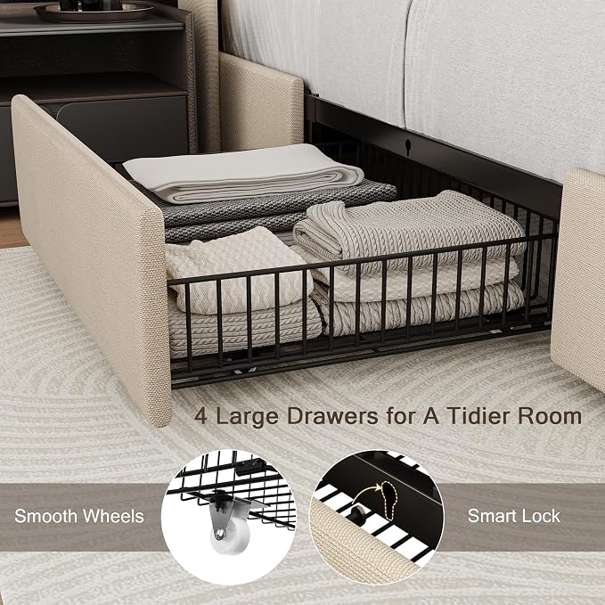 Einhomn Full Size Bed Frame with 4 Storage Drawers and Charging Station, Upholstered Platform Bed Frame with Storage Headboard, No Box Spring Needed, Easy Assembly, Beige