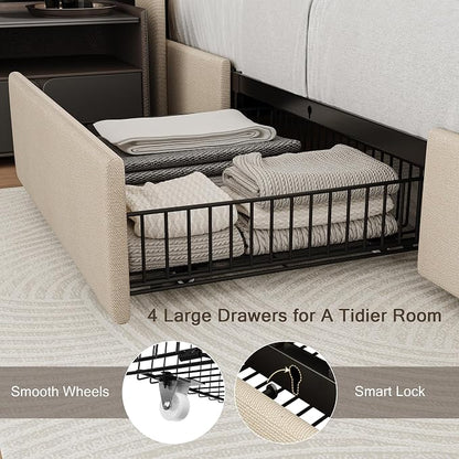 Einhomn Full Size Bed Frame with 4 Storage Drawers and Charging Station, Upholstered Platform Bed Frame with Storage Headboard, No Box Spring Needed, Easy Assembly, Beige