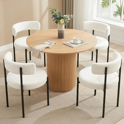 Boucle Dining Chairs Set of 6, White Dining Chairs with Upholstered Seat and Round Back, Mid-Century Modern Kitchen Chairs for Dining Room, Restaurant