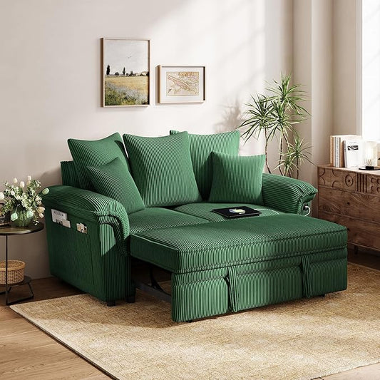 LINSY HOME Sectional Loveseat Sofa with Pull Out Chaise (Green, 62.5'') | USB Charging