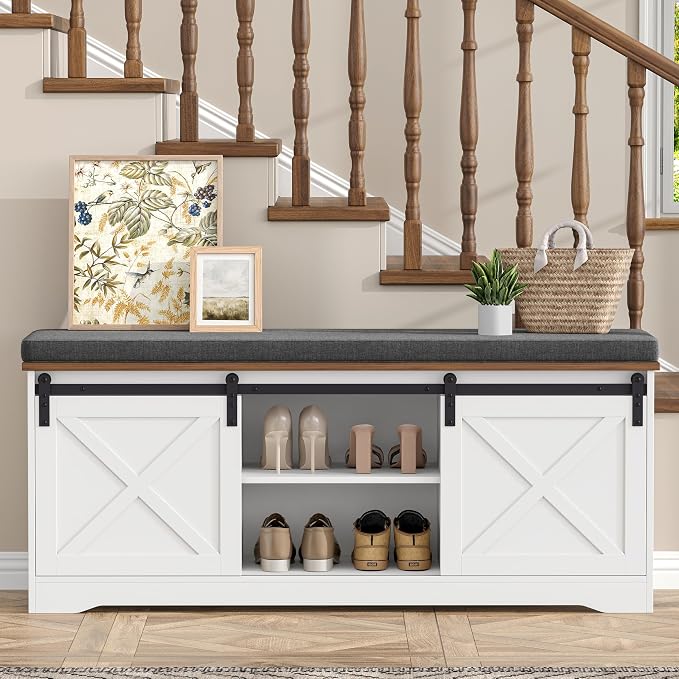 Farmhouse Storage Bench with Cushion, 47.2" Shoe Bench with Slide Barn Doors and Adjustable Shelves, Entryway Bench with Storage for Bedroom, Closet, Living Room, Hallway, White