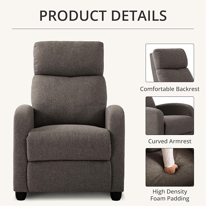 Recliner Chair for Living Room, Modern Adjustable Home Theater Seating Single Sofa Manual Push Back Armchair with Soft Linen Upholstery & High Backrest for Small Spaces, Linen-Gray