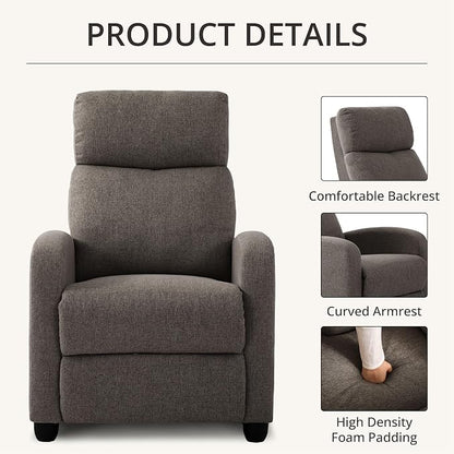 Recliner Chair for Living Room, Modern Adjustable Home Theater Seating Single Sofa Manual Push Back Armchair with Soft Linen Upholstery & High Backrest for Small Spaces, Linen-Gray