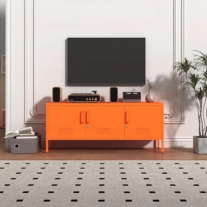 3 Door Lockable Metal TV Stand Storage Cabinet with Accent Cabinet Locker, Wide Heavy Duty Media Console for Large 100+ Inch TVs, Home Office Entertainment Center, Orange 22"H X 47.3"W X 13.8"D